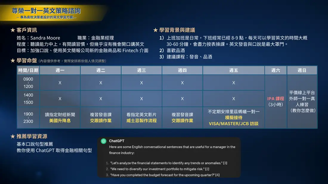 尊榮一對一英文策略諮詢學習計畫範例：目標與學習優先順序