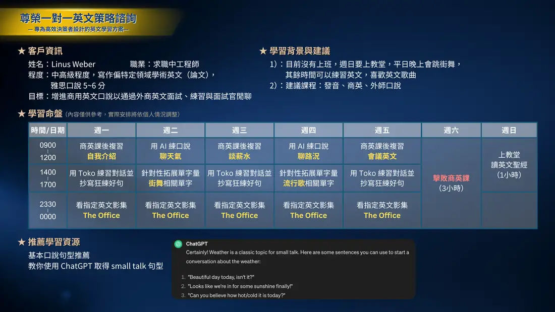 尊榮一對一英文策略諮詢學習計畫範例：教材、免費資源與 AI 工具配置