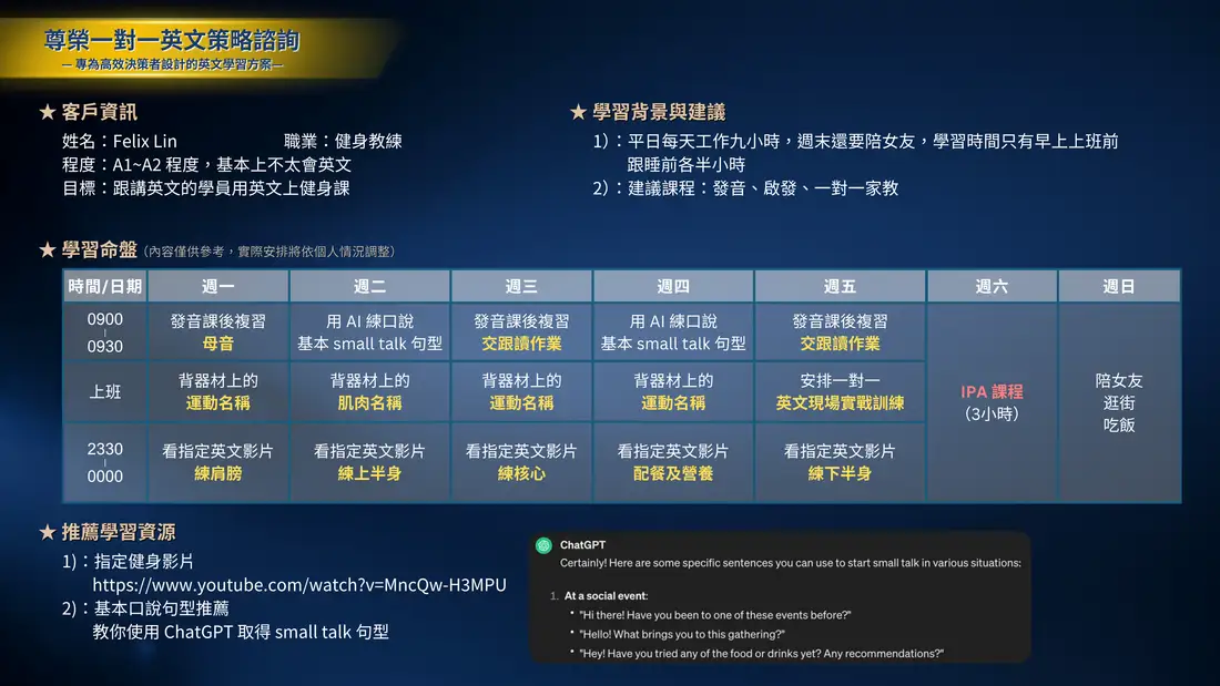 尊榮一對一英文策略諮詢學習計畫範例：三個月執行與追蹤方向