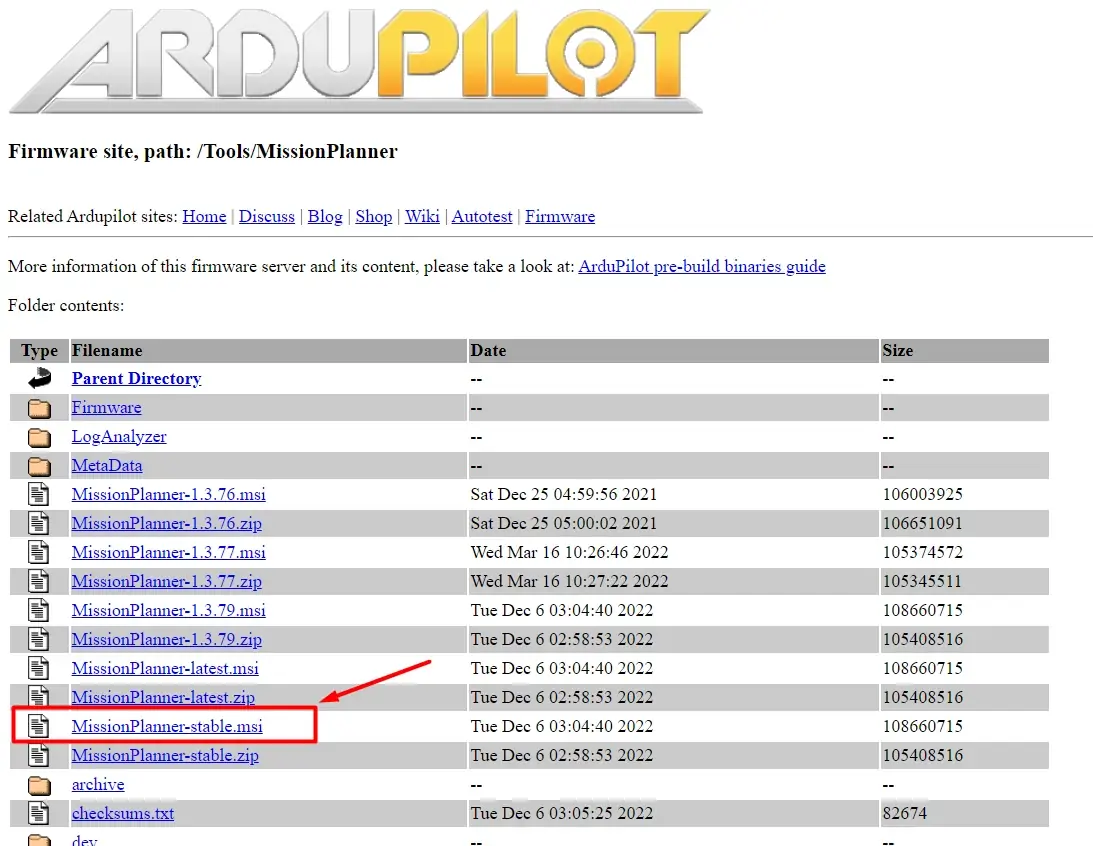 Página de download do Mission Planner
