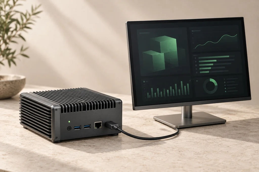 Concept of a compact local AI computer and dashboard