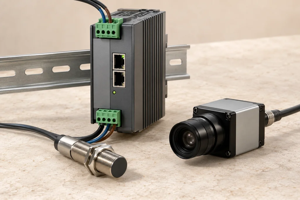 Concept of an industrial gateway, connected sensor and inspection camera