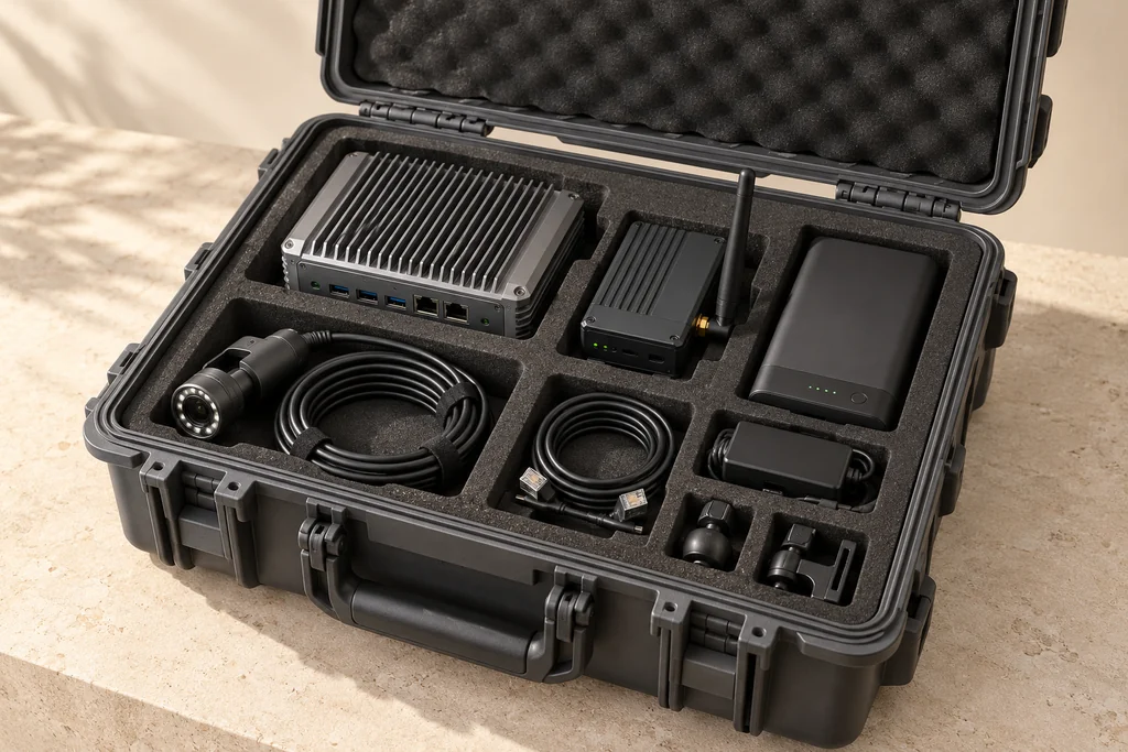 Concept of an organised deployable case containing compute, radio, camera, power and cables